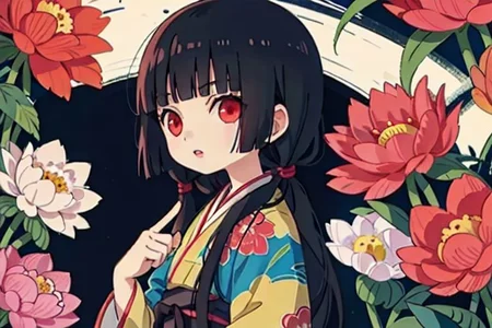 enma ai, hair down, hair black, bangs, eyes red, masterpiece, best quality, ultra-detailed, illustration, 1girl, solo, highres, photorealistic, ultra high res, (Original illustration composition), (fusion of limited color,Maximalism artstyle, kimono obi fashion, double exposure, background, illustration, Amazing, lily spider, night darkness, open one's mouth, finger, flowers red, low twintails, (polychromatic peony:1.15), Movie poster,