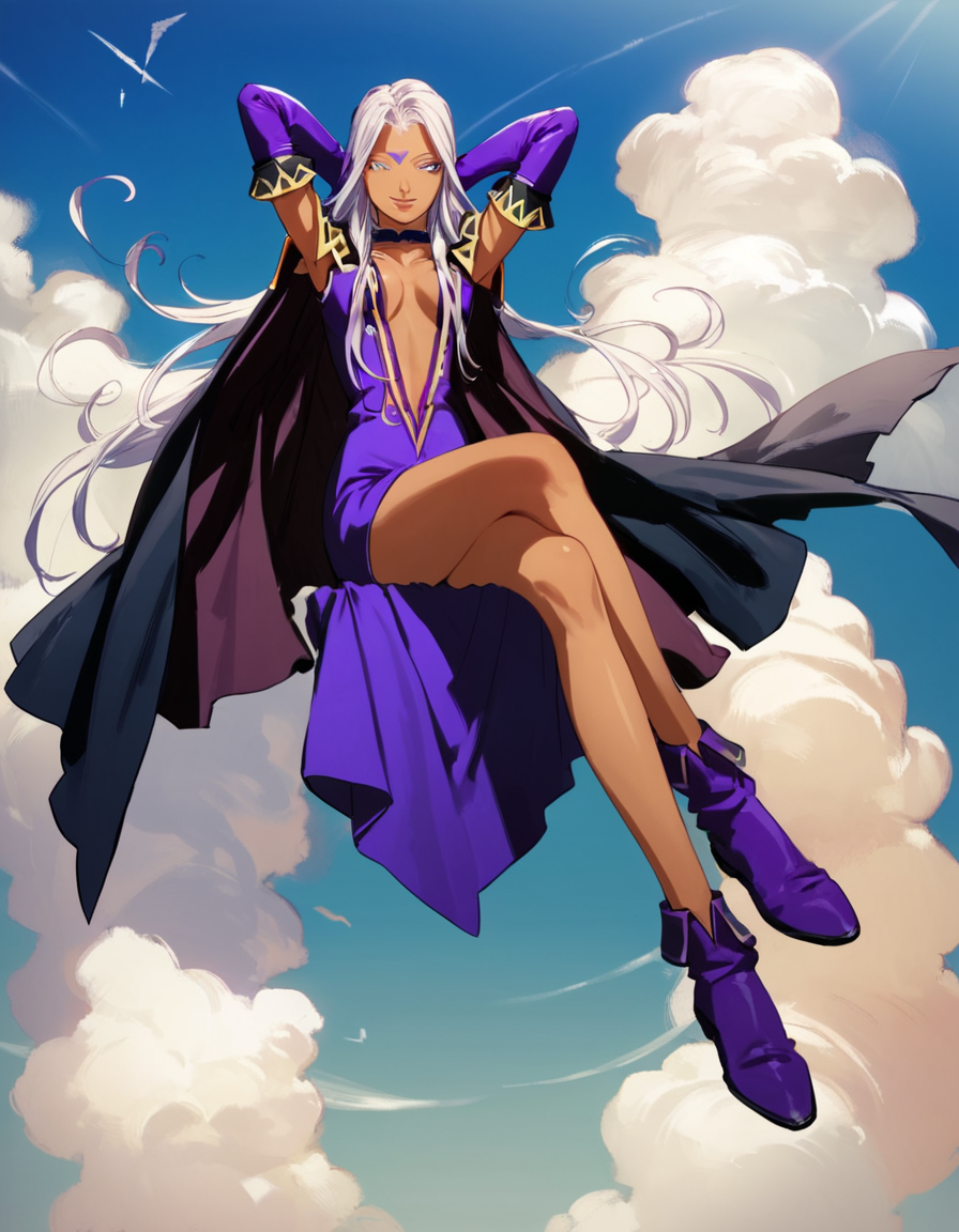 score_9, score_8_up, score_7_up, score_6_up, score_5_up, score_4_up, source_anime,  Urd, looking at viewer, smile, gloves, dress, cleavage, sitting, full body, boots, detached sleeves, sky, choker, day, elbow gloves, cloud, armpits, cape, arms up, dark-skinned female, blue sky, legs, no bra, makeup, crossed legs, lipstick, arms behind head, breasts apart, purple dress, side slit, long legs, center opening, purple gloves, purple footwear, plunging neckline