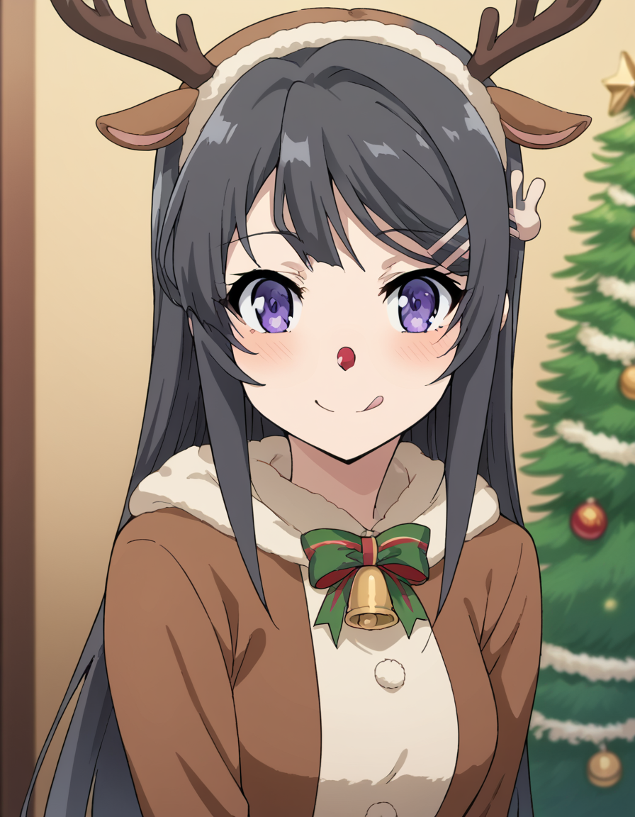 score_9, score_8_up, score_7_up, source_anime, <lora:mai-sakurajima-s1-ponyxl-lora-nochekaiser:1> mai sakurajima, long hair, bangs, black hair, hair ornament, purple eyes, hairclip, rabbit hair ornament, medium breasts,, <lora:reindeer-costume-ponyxl-lora-nochekaiser:1>, reindeer costume, animal costume, reindeer antlers, antlers, fake antlers, reindeer hood, christmas, red nose, deer ears, deer tail, christmas tree, bell, horns, reindeer,, blush, smile, tongue out, looking at viewer,,