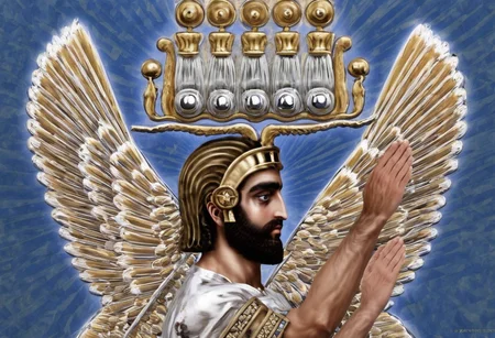 1boy, wings, chandelier, paint, eye catching image of Cyrus the great,