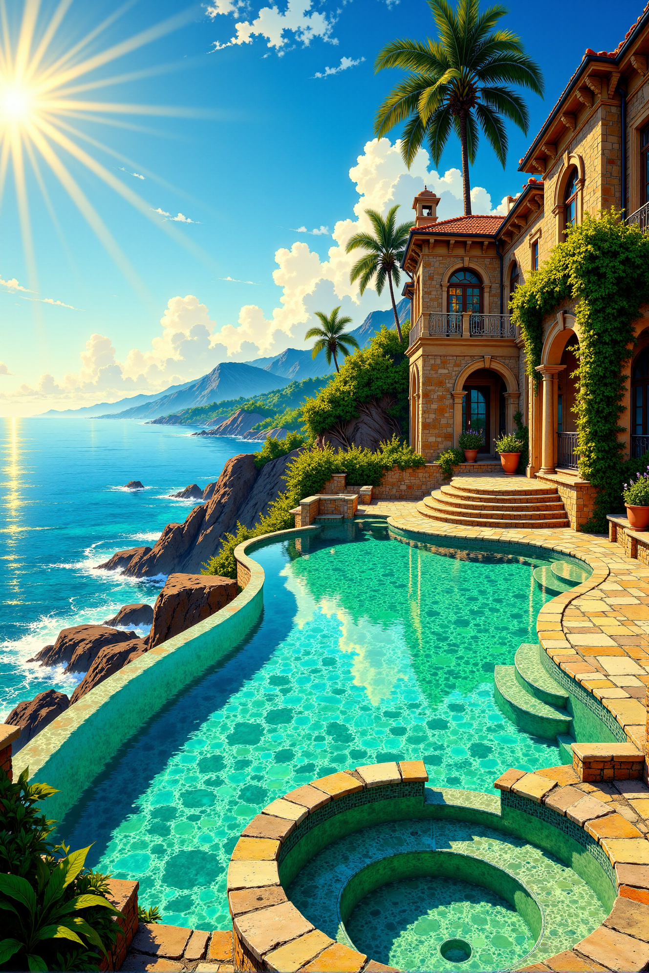 A breathtaking Mediterranean-style villa stands majestically on the edge of a pristine turquoise ocean, its grand arched windows and intricate stone faÃ§ade blending seamlessly with the lush tropical surroundings. The villa's architecture is a masterpiece of old-world elegance, featuring ornately carved columns, wrought-iron balconies, and terracotta-tiled roofs that radiate warmth under the golden sun. Ivy drapes gracefully over the balconies, adding a touch of natureâs charm to the refined craftsmanship, while towering palm trees sway gently in the ocean breeze.  The infinity pool, a stunning oasis of crystal-clear water, stretches toward the horizon, seamlessly blending into the vast sea beyond. Its curved edges follow the contours of the rocky coastline, giving the illusion that the pool itself is an extension of the ocean. Sunlight refracts through the rippling water, creating mesmerizing patterns of golden light that dance across the pool floor, illuminating the submerged stone steps leading into the serene depths. A circular spa pool, bordered by natural coral rock formations, adds an intimate retreat within this luxurious paradise.  The coastline is rugged yet inviting, with smooth, sun-kissed stones lining the shore where gentle waves lap against the rocks, their surfaces glistening beneath the midday sun. The ocean water transitions from a translucent emerald near the shore to a deeper sapphire blue as it stretches into the distance, its clarity revealing the intricate textures of the seabed below. The sky above is an artistic masterpiece of soft blues and wispy white clouds, their delicate streaks resembling brushstrokes across an endless canvas.  The atmosphere is one of tranquil luxury, where the rhythmic sounds of the waves and the rustling of palm fronds create a melody of relaxation. This scene encapsulates the dream of coastal eleganceâa sanctuary where architecture and nature harmonize, inviting those who stand upon its terraces to lose themselves in the endless beauty of the sea.
<lora:Vibrantly_Sharp_style_v.5:0.8>