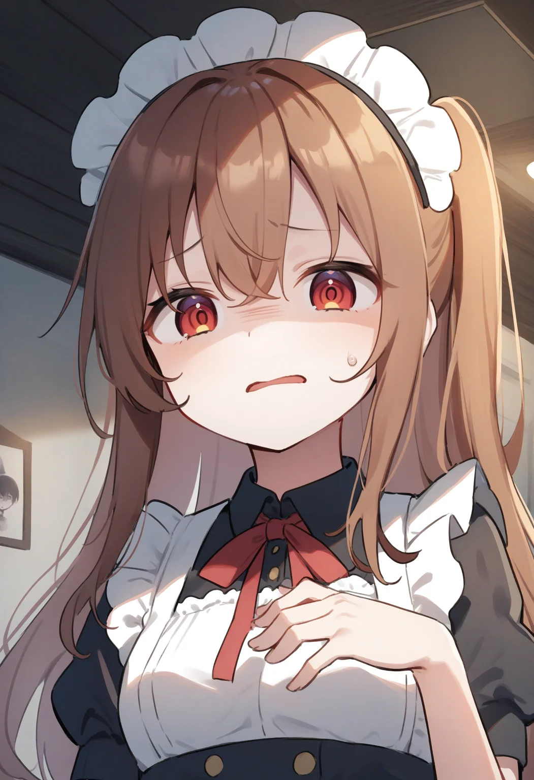 1girl,sincos, ningen mame, toosaka asagi,solo,medium breasts,20yo,maid,maid headdress,
donbiki,<lora:donbiki_XL_v1:0.7>
open mouth, sweatdrop, looking at viewer, shaded face, hand on own chest, turn pale, jitome, disgust, gloom (expression), d:, frown, empty eyes, no pupils,
ceiling, portrait, orange hair, red eyes, slum town, front ponytail hair,,
best quality, very aesthetic, absurdres