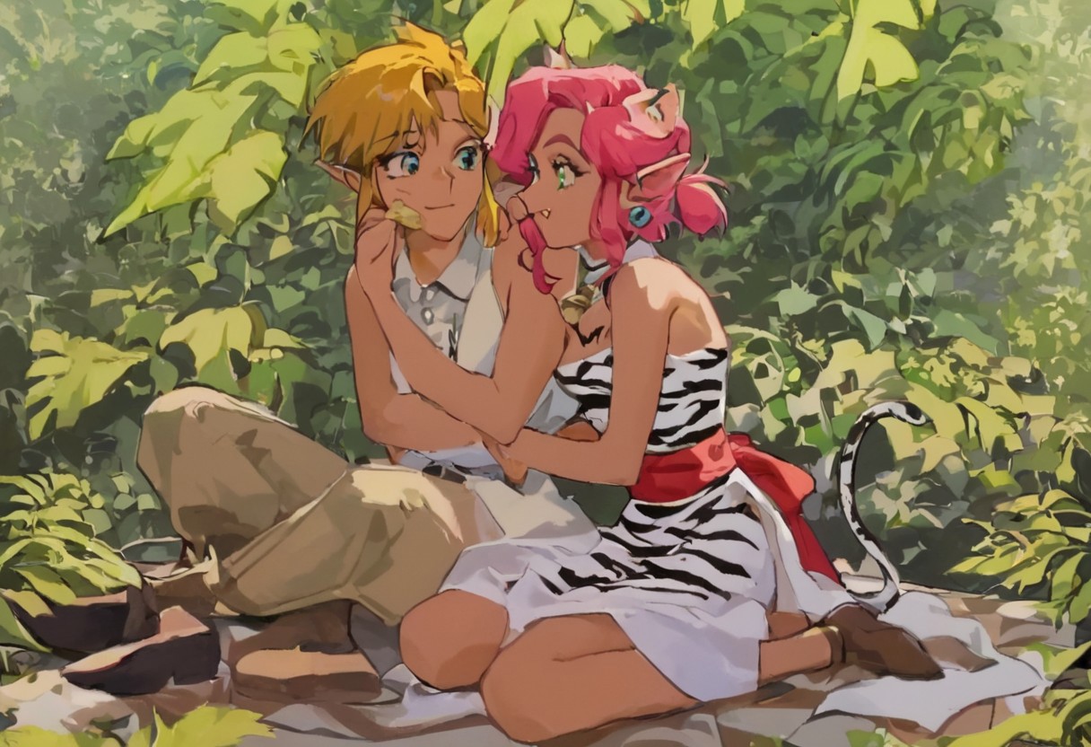 score_9, score_8_up, score_7_up, score_6_up, Masterpiece, source_anime screenshot, duo, 1 girl, 1 boy, vivid colors, retro anime style, anime style, high-res, beautiful aesthetic, very intricate, high-quality details, vibrant, highly detailed, award-winning, professional, <lora:pink-ponyxl-v2:1>, cute cat smile, singke fang showing, sleeveless dress, white tiger print dress, pelvic curtain, cleavage, white cat ears, cat bell necklace, bright pink hair, tanned, white tiger tail, red sash, small breasts, leather shoes, detailed eyes, green eyes, detailed face, BREAK score_9, score_8_up, score_7_up, score_6_up, Masterpiece, source_anime, anime style, 1 girl, 1 boy, vivid colors, retro anime style, high-res, beautiful aesthetic, very intricate, high-quality details, vibrant, highly detailed, award-winning, professional, <lora:link:0.8> link1, link, pointy ears, blonde hair, blue eyes, medium hair, side locks, earrings, short ponytail, blue hylian tunic
Break
In a lush green forest clearing, near a lake, pink and link sit down on their knees on a picnic blanket, cuddling with each other, having a picnic together happily, eating various foods and sweets, feeding each other by hand, side view, close up