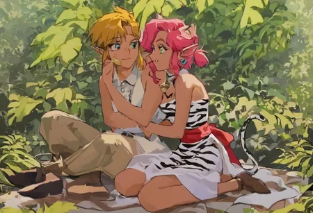 score_9, score_8_up, score_7_up, score_6_up, Masterpiece, source_anime screenshot, duo, 1 girl, 1 boy, vivid colors, retro anime style, anime style, high-res, beautiful aesthetic, very intricate, high-quality details, vibrant, highly detailed, award-winning, professional, <lora:pink-ponyxl-v2:1>, cute cat smile, singke fang showing, sleeveless dress, white tiger print dress, pelvic curtain, cleavage, white cat ears, cat bell necklace, bright pink hair, tanned, white tiger tail, red sash, small breasts, leather shoes, detailed eyes, green eyes, detailed face, BREAK score_9, score_8_up, score_7_up, score_6_up, Masterpiece, source_anime, anime style, 1 girl, 1 boy, vivid colors, retro anime style, high-res, beautiful aesthetic, very intricate, high-quality details, vibrant, highly detailed, award-winning, professional, <lora:link:0.8> link1, link, pointy ears, blonde hair, blue eyes, medium hair, side locks, earrings, short ponytail, blue hylian tunic
Break
In a lush green forest clearing, near a lake, pink and link sit down on their knees on a picnic blanket, cuddling with each other, having a picnic together happily, eating various foods and sweets, feeding each other by hand, side view, close up