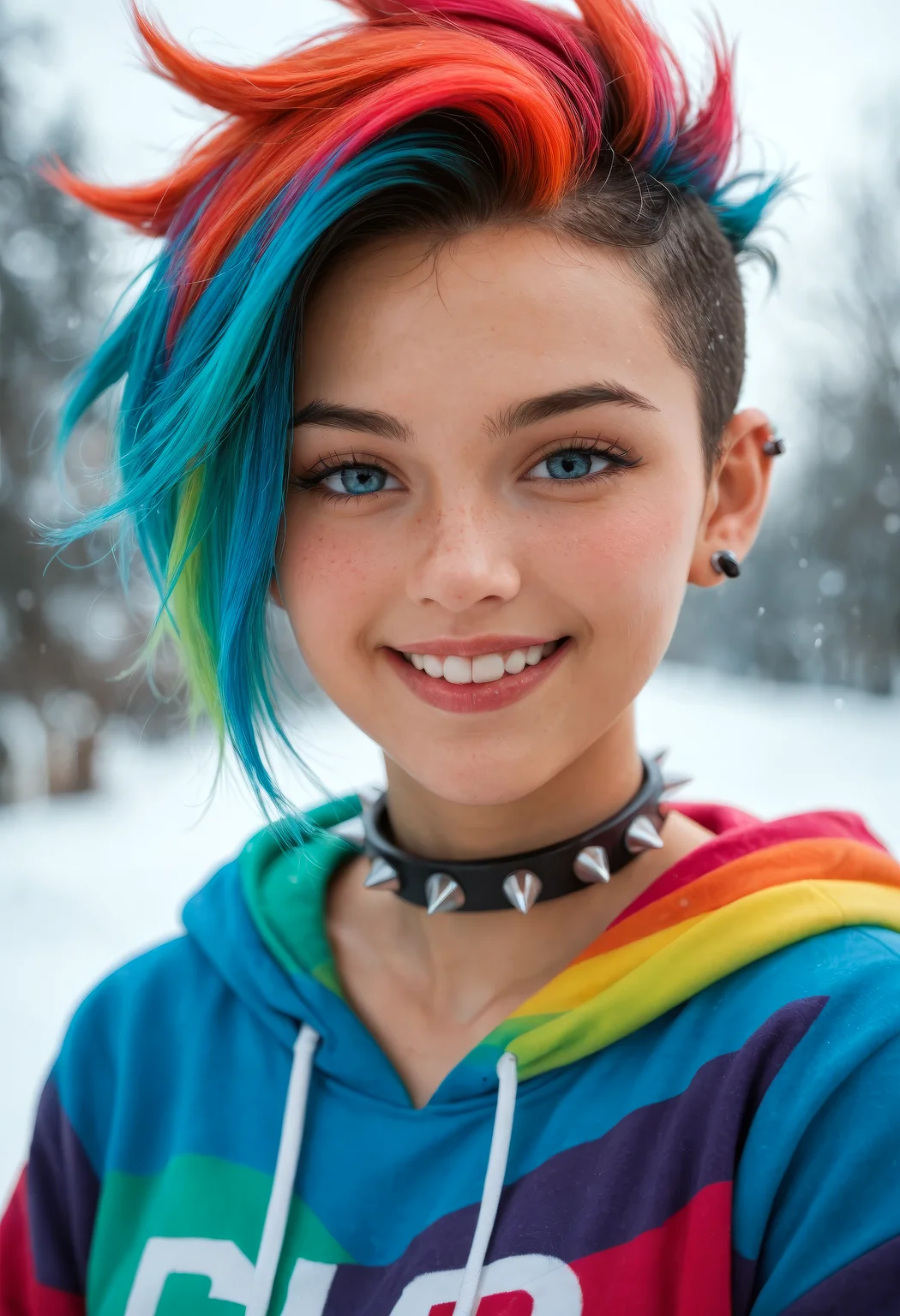score_9_up, score_8_up, score_7_up, abstract, 1girl, solo, 25 years old, perfect face, close view, (adult), sexy, multi coloured hair, spiked hair, ear piercing, spiked collar, colourful hoodie, winter, blush, shy smile, portrait, face focus, depth of field, looking at viewer