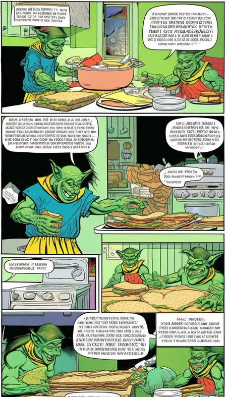 Vintage comic book with (title text: "EVERLY HEIGHTS TALES":1.2). a Dark troll wizard makes a sandwich in a suburban kitchen. <lora:Everly Heights TaleSpinner XL:1>
