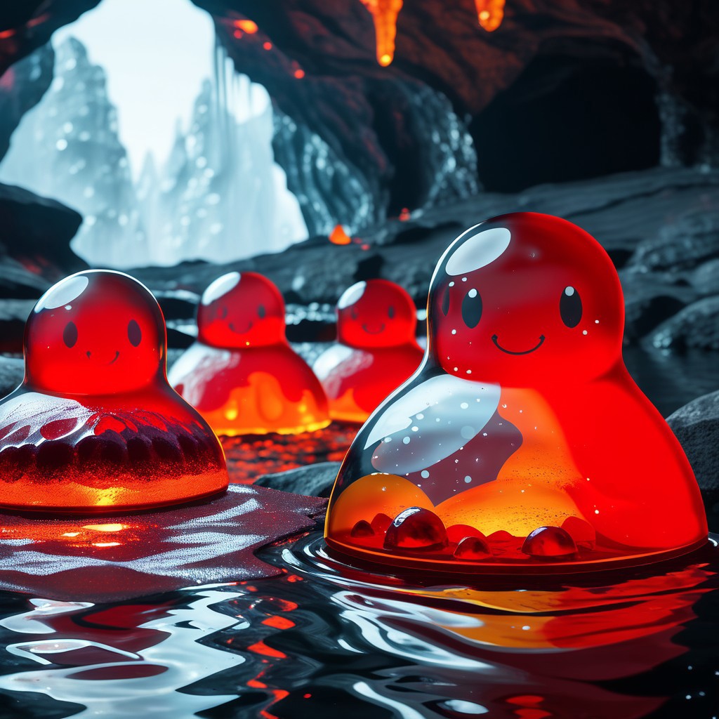 Red lava slimes, red and black magma slimes, red and prange fire slimes, white and black ash slimes, translucent slimes, transparent slimes, black obsidian slimes, lava slimes, magma slimes, ash slimes, obsidian slimes, detailed slime monsters, detailed slimes, slimes with faces, expressive slimes,
lava chamber, magma chamber, cave with pools of magma, fiery environment, detailed environment, cavern, lava, magma, 
everything made of slime, No simple background,
((translucent slime)), ((transparent slime)), (bioluminescent slime), sl1m3d, slime, slime-morph, saturated colors, no humans, no people, no man, no woman,