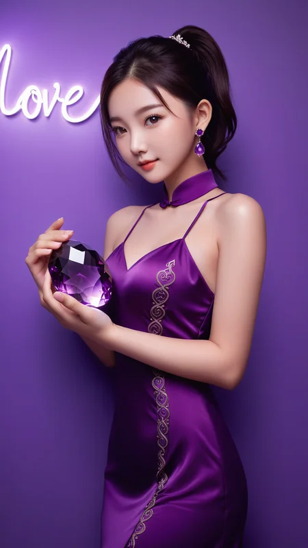 neonpunk style wallpaper,best quality,masterpiece,realistic,HDR,UHD,8K,Vivid Colors,Studio lighting,ultra-fine painting,sharp focus,physically-based rendering,Canon 35MM camera angle,art,(((1 beauiful Chinese girl holding a Amethyst))),(((the amethyst with Stone carving word "Love"))),the girl 22 years old,full body,wear purple dress with embroidery,purple Ponytail hair,Amethyst earrings,medium breasts,Bare arms,collarbones,cute face,slender,brown eye ball,bright pupils,shy,light blush,sexy pose,smile,detailed hand,indoor,ambient light,add more details,moden,hand,coral dress,,,,neon,text logo " Love",<lora:detailed_hands:1>,<lora:coraldress:0.3>,<lora:Harrlogos_v1.1:1> . cyberpunk, vaporwave, neon, vibes, vibrant, stunningly beautiful, crisp, detailed, sleek, ultramodern, magenta highlights, dark purple shadows, high contrast, cinematic, ultra detailed, intricate, professional