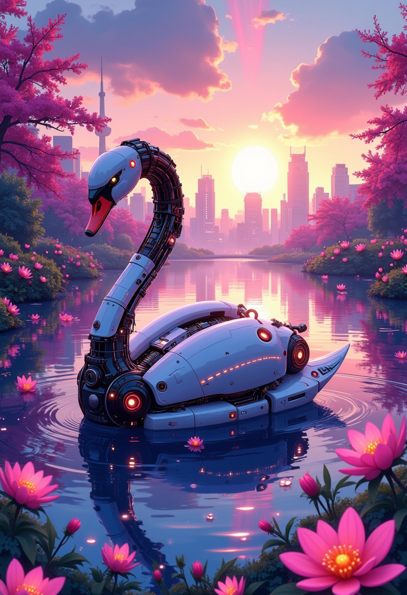 In a serene, glassy pond surrounded by holographic blossoms, a cyborg swan with luminescent metal plumage rests, its sleek body blending mechanical precision and natural grace. The sunset above casts long beams of radiant orange and soft purples across the scene, highlighting the intricate details of the swan’s cybernetic enhancements. In the distance, a futuristic city stretches towards the horizon, its high-rises reflecting the sky’s fading colors. As the swan moves, the gentle ripples in the pond create a mesmerizing dance of light, evoking a sense of peace and wonder in this sci-fi paradise. A digital artwork in the style of cknc, studio anime, detailed inksketch