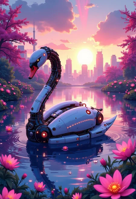 In a serene, glassy pond surrounded by holographic blossoms, a cyborg swan with luminescent metal plumage rests, its sleek body blending mechanical precision and natural grace. The sunset above casts long beams of radiant orange and soft purples across the scene, highlighting the intricate details of the swan’s cybernetic enhancements. In the distance, a futuristic city stretches towards the horizon, its high-rises reflecting the sky’s fading colors. As the swan moves, the gentle ripples in the pond create a mesmerizing dance of light, evoking a sense of peace and wonder in this sci-fi paradise. A digital artwork in the style of cknc, studio anime, detailed inksketch