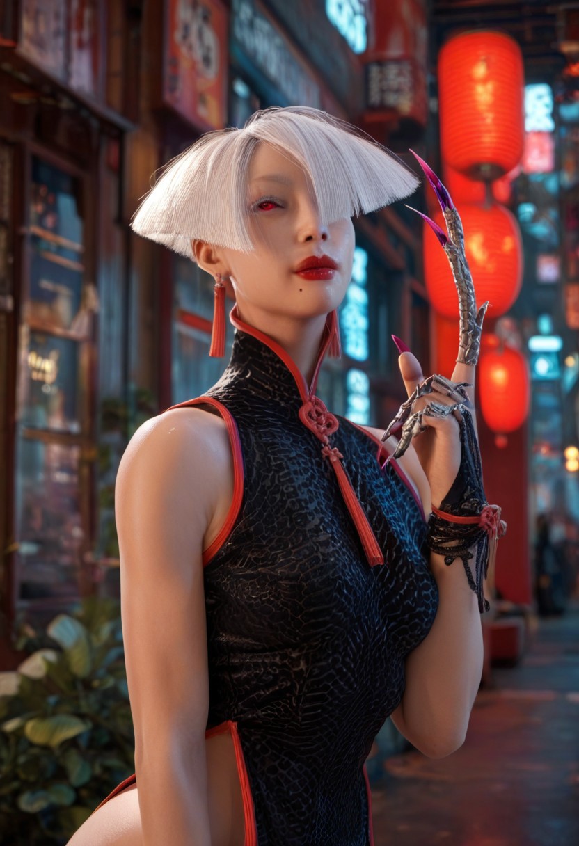 zPDXL2, very sharp,  detailed face, face focus,  1woman, akixl, AKI, skinny, Chinese clothes, white hair, red eyes, red lips, mole under mouth, short hair, fingernails,<lora:Dynamic Poses:1>50% studio lighting, 50% soft lighting Chinese village,