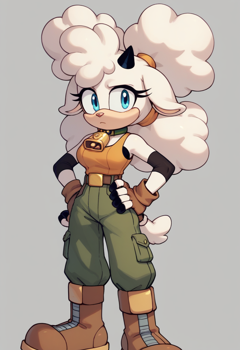 score_9,score_8_up,score_7_up, <lora:lanolinsheep5-08:0.9>, 1girl, lanolin the sheep, white hair, afro puffs, two-tone fur, beige fur, white fur, black elbow pads, single horn, eyelashes, sheep tail, sheep ears, blue eyes, medium breasts, red nose, orange tank top, brown belt, fingerless gloves, bra under clothes, green cargo pants, brown combat boots, black nails, hair tie, cowbell, green choker, hand on own hip,