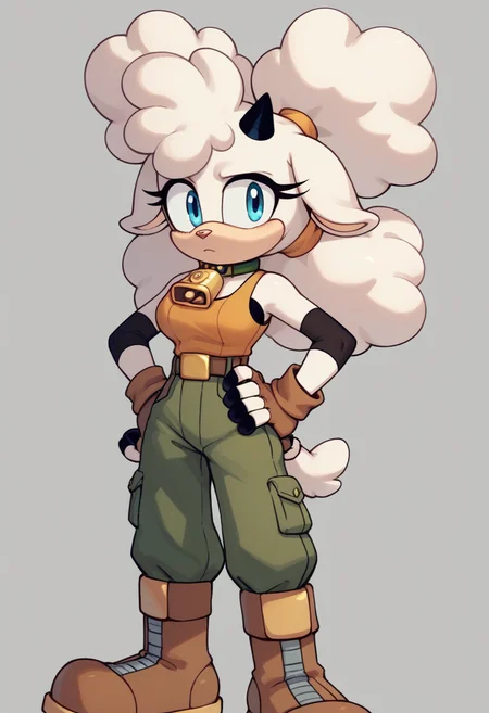 score_9,score_8_up,score_7_up, <lora:lanolinsheep5-08:0.9>, 1girl, lanolin the sheep, white hair, afro puffs, two-tone fur, beige fur, white fur, black elbow pads, single horn, eyelashes, sheep tail, sheep ears, blue eyes, medium breasts, red nose, orange tank top, brown belt, fingerless gloves, bra under clothes, green cargo pants, brown combat boots, black nails, hair tie, cowbell, green choker, hand on own hip,
