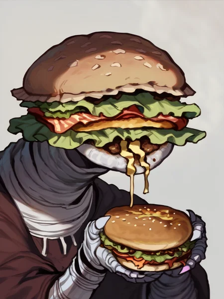 darksouls, eating hamburger, hamburger
score_8_up <lora:DarkSouls Art:1>