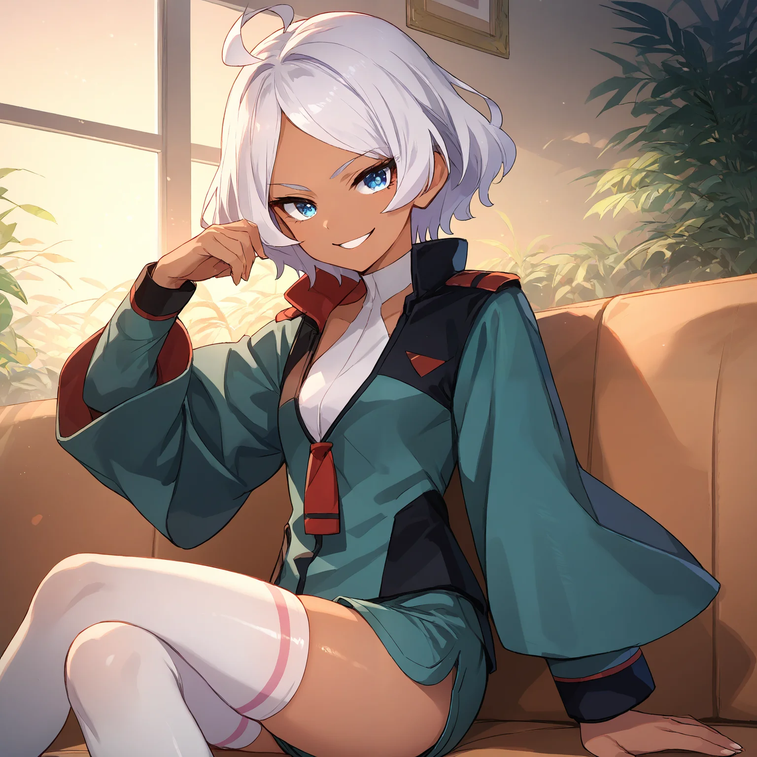 score_9, score_8_up, score_7_up, score_6_up, score_5_up, score_4_up, BREAK source_anime, look at viewer, rating_safe, 1girl, solo, couch, sitting, smiling, indoors, masterpiece, best quality, high detailed skin, secelia dote, asticassia school uniform, dark skin, short hair, white hair, ahoge, blue eyes, green jacket, shoulder boards, halterneck, long sleeves, green shorts, white thighhighs,