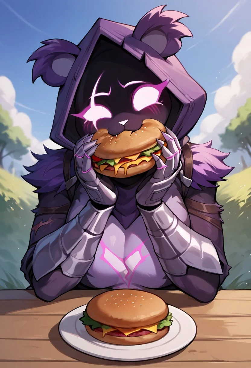 score_9,score_8_up,score_7_up BREAK <lora:Raventeam:0.9>,RavenTeamLeaderSDXL,1girl,solo,belt,hood,mask,glowing,glowing eyes,purple hood,belt,animal ears,body fur,bodysuit,scar on one eye,dark skin,purple skin,straps,gauntlets,shaded face,:3,furry female, Massive ass, eating alone, clueless, outside, eating at table, hamburger, penis, erect, man POV, man behind, looking away,