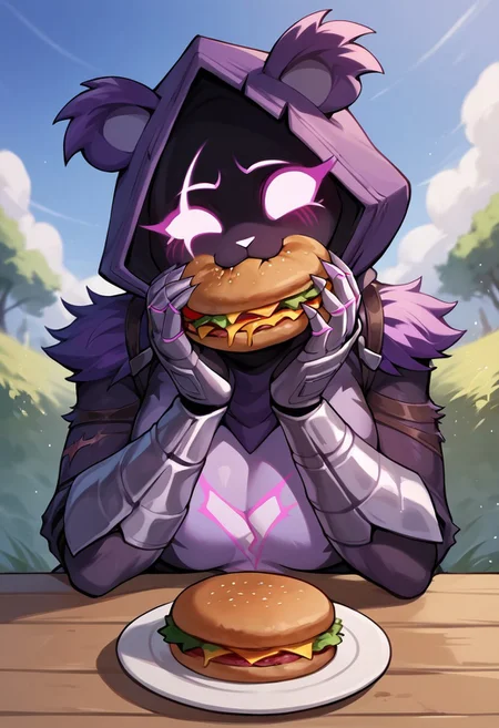 score_9,score_8_up,score_7_up BREAK <lora:Raventeam:0.9>,RavenTeamLeaderSDXL,1girl,solo,belt,hood,mask,glowing,glowing eyes,purple hood,belt,animal ears,body fur,bodysuit,scar on one eye,dark skin,purple skin,straps,gauntlets,shaded face,:3,furry female, Massive ass, eating alone, clueless, outside, eating at table, hamburger, penis, erect, man POV, man behind, looking away,