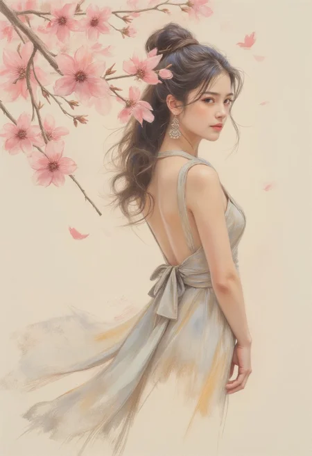side portrait, wuxia, OBxiaoxiang, crisp lines and delicate shading, an elegant Japanese woman wearing a silk dress, long hair, bangs, sidelocks, serene expression, standing under sakura trees, blossoms falling gently in the breeze, dappled sunlight