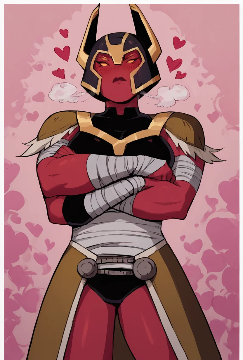 score_9, score_8_up, score_7_up,, good quality ,, character focus, solo, , best quality , <lora:looma-09:1> looma, solo, red skin, armor, 1girl, bandages, shoulder armor, helmet, horns, crossed arms, white borders, simple background, pink background, blushing, abstract background, hearts, steam, <lora:Expressive_H:1> Expressiveh <lora:haku_512:1> haku,