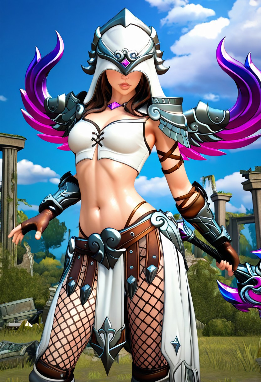 masterpiece, amazing detail, best quality, amazing quality, 1girl, screencap, medium breasts, accurate style, accurate colors, detailed lips,
N3m3s1sSM1T3, 1girl, white hood, pauldrons, brown hair, lips, hood over eyes, 
metal bracers, leather fingerless gloves, fishnet leggings, metal greaves, holding sword, navel, white clothes, purple and blue crystal wings,
trees, ruins, day, sky, cloud, bushes, cowboy angle, dynamic pose, backlit,
(((official))), (((3d)))