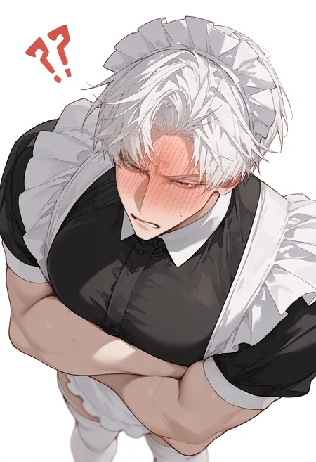 <lora:SagawaSDXLstyle:1>, best quality, masterpiece, SagawaStyle, sylus (love and deepspace), <lora:SylusSDXL:1>, male focus, 1boy, large pectorals, red eyes, short hair, white hair, muscular male, bara, maid, maid headdress, thighhighs, crossed arms, full-face blush, tsundere, !?, from above, white background, simple background, depth of field,