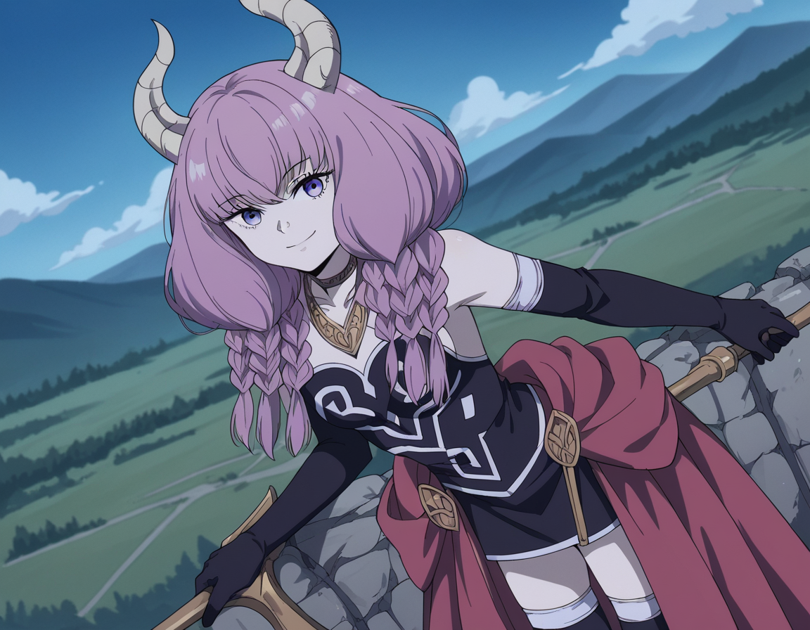 score_9, score_8_up, score_7_up, source_anime,
auratheguillotine, <lora:aura-the-guillotine-s1-ponyxl-lora-nochekaiser:1>,
aura the guillotine, long hair, purple eyes, purple hair, braid, horns, twin braids,
skirt, thighhighs, gloves, choker, black gloves, elbow gloves,
outdoors, landscape, bent over, smile,
cowboy shot, solo, dutch angle, looking at viewer,