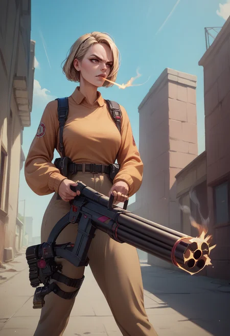 score_9, score_8_up, score_7_up, gatling gun, holding gatling gun, [:smoke, firing:0.3],  <lora:GatlingGun_pdxl_Incrs_v1:1>, standing, 1girl, huge gun,