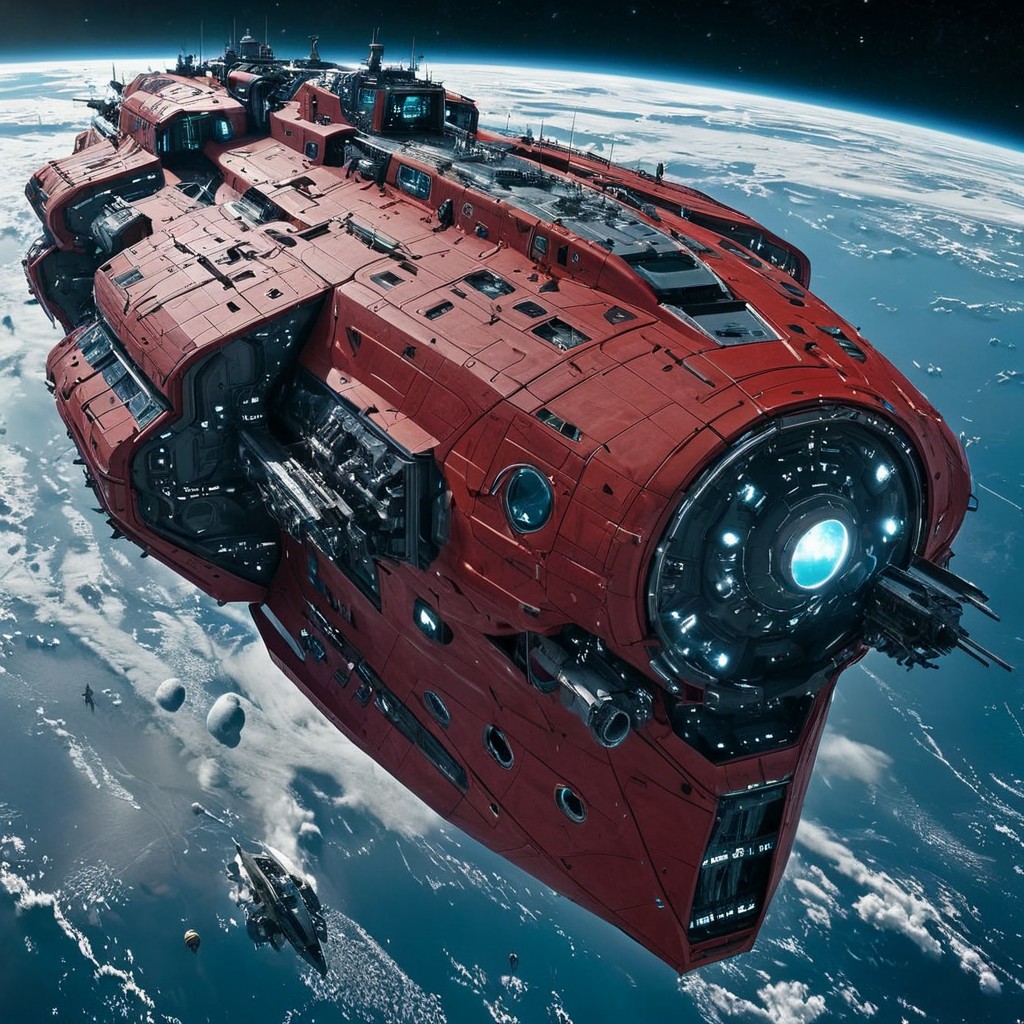 Highly detailed digital artwork of a massive, futuristic red spaceship. The ship has a rugged, industrial design with antennas, turrets, and mechanical components protruding from its surface. The hull is predominantly red with black and metallic glowing accents, giving it a menacing and powerful appearance. The background features a dark, space-like environment with other smaller ships and celestial bodies visible, adding depth and scale to the scene. The overall composition is dynamic, with the main ship positioned diagonally, suggesting movement and action.