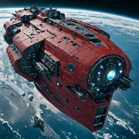 Highly detailed digital artwork of a massive, futuristic red spaceship. The ship has a rugged, industrial design with antennas, turrets, and mechanical components protruding from its surface. The hull is predominantly red with black and metallic glowing accents, giving it a menacing and powerful appearance. The background features a dark, space-like environment with other smaller ships and celestial bodies visible, adding depth and scale to the scene. The overall composition is dynamic, with the main ship positioned diagonally, suggesting movement and action.