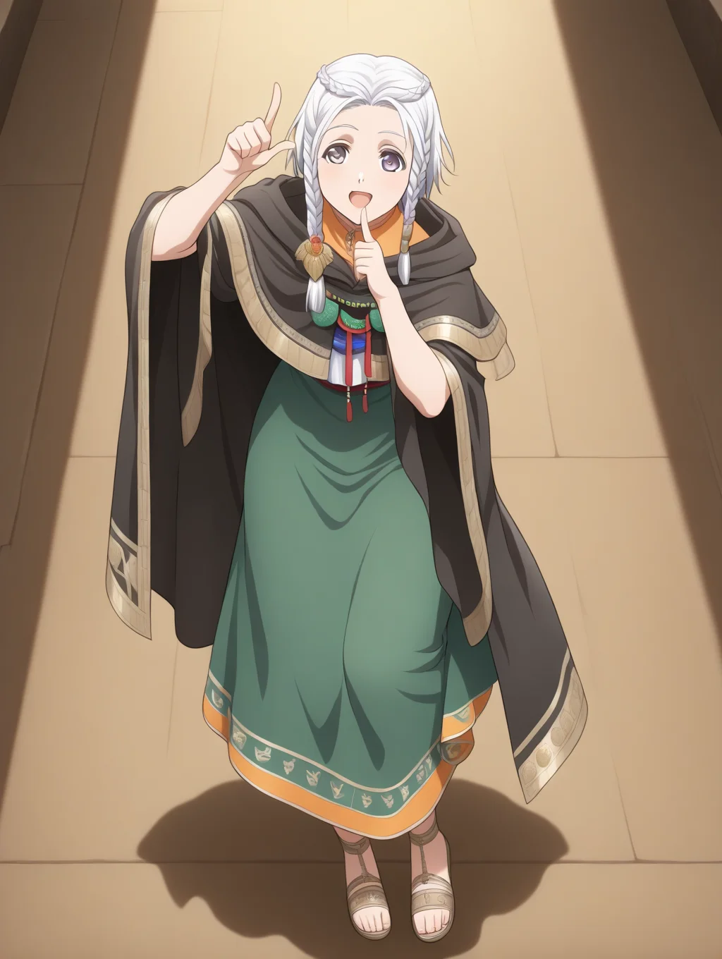 perfect quality,best quality,absolutely eye-catching,ambient occlusion,raytracing BREAK
1girl,<lora:amina IL v1.1:0.8>,amina,braid,white hair,black cloak,dress,sandals,national costume,, from_outside,macro_shot,leaning_on_object,pointing_up,hand_to_mouth,knee_up,