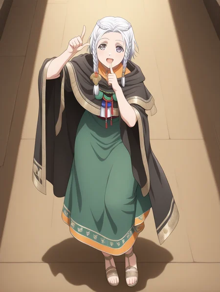 perfect quality,best quality,absolutely eye-catching,ambient occlusion,raytracing BREAK
1girl,<lora:amina IL v1.1:0.8>,amina,braid,white hair,black cloak,dress,sandals,national costume,, from_outside,macro_shot,leaning_on_object,pointing_up,hand_to_mouth,knee_up,