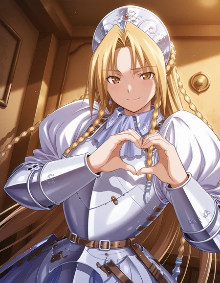 masterpiece, best quality, amazing quality, ultra high res, official art, incredibly absurdres, ultra detailed,
1girl, solo, iria(ryouki_ii), blonde hair, long hair, twin braid, brown eyes, beautiful detailed eyes, detailed face,
armored dress BREAK
happy, tender smile, looking at viewer,
standing, heart hands,
in room, upper body, (chromatic aberration:1.3), night, dynamic angle, deep contrast of light and dark, moody lighting, natural light, soft shadows, detailed shadow, sharp focus, depth of field,
<lora:iria(ryouki_II) v1.0-000014:0.9> <lora:StS-Illustrious-Detail-Slider-v1.0:2>
