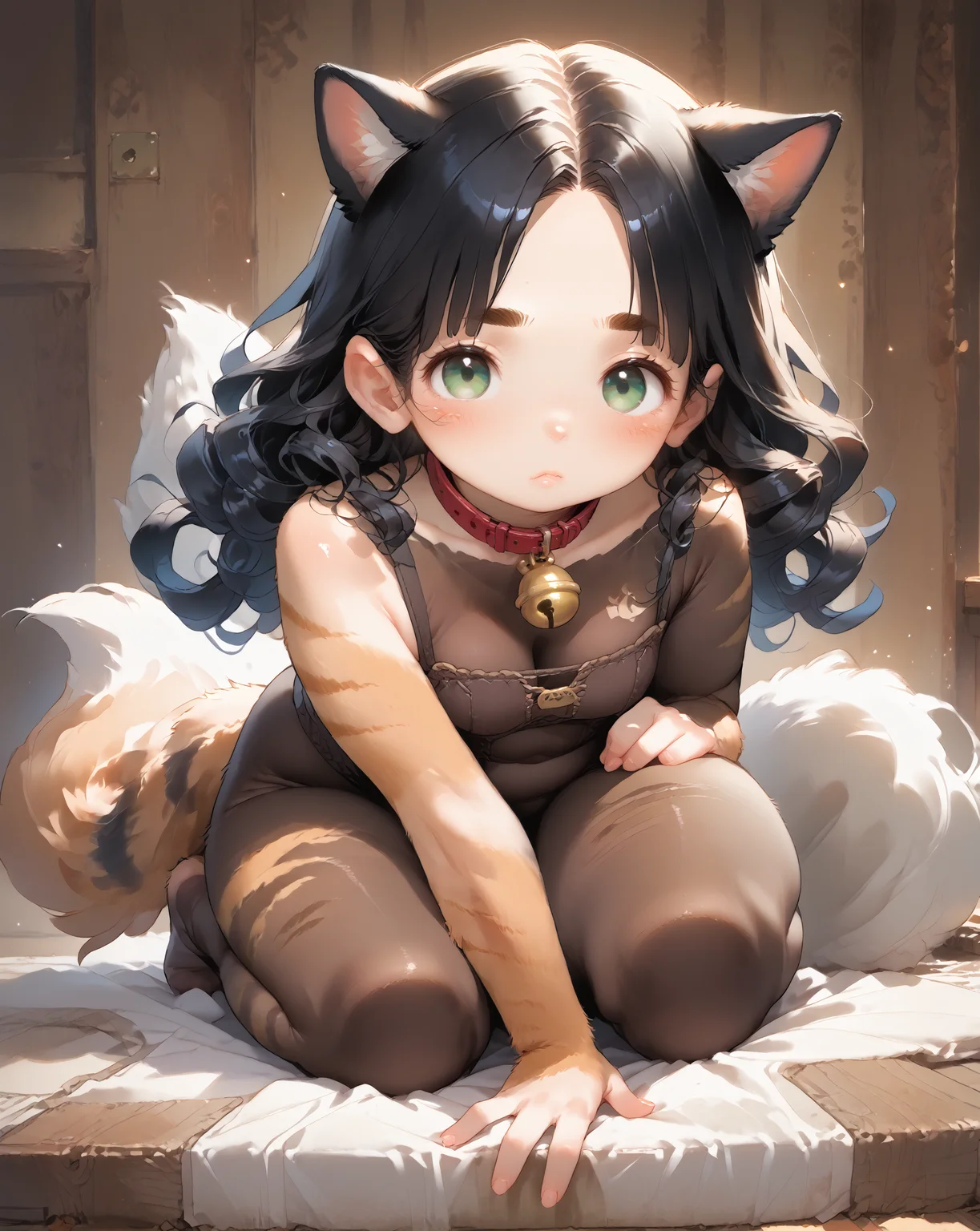 score_9, score_8_up, score_7_up, score_6_up, source_anime, rating_safe, ah1, 1girl, (curly hair), long hair, (black hair), mature female, (parted hair:1.7), (round face), (no_bangs:1.3), (no_fringe:1.6), looking at viewer, (thick eyebrows), (curvy), round-chin, (greenish hazel eyes), caucasian, (downturned eyes), <lora:ETO_OCPonyXL:0.5> eto_oc, plump, thick thighs, wide hips, busty, voluptuous, kinky curls, lips, bad-hands-5, (Hand shading her eyes, gazing forward, with a foot propped up as if scaling a mountain, she embodies the spirit of adventure), ((Puzzled expression)), <lora:venus body PonyXL:0.8>, <lora:xl_more_art-full_v1:0.4>, <lora:shinyskin2:0.3> glistening skin, <lora:aesthetic_anime_v1s:0.4>, <lora:Expressive_H:0.4> Expressiveh, <lora:hairdetailpxl:0.4> hairdetailpxl, <lora:EpicF4nta5yXL:0.4>, <lora:detailxl:0.4> detailxl, <lora:Fant5yP0ny:0.4>, best quality, amazing quality, best aesthetic, absurdres, <lora:expressive eyes:0.4> expressive eyes, (Eye-level angle view Close shot), <lora:eyedetailpxl:0.4> eyedetailpxl, charming cat girl, (cat ears, cat tail), (collar with bell), (solid fluffy fur:1.7), (tabby body stocking made of long fluffy fur:1.6), (in cozy-home),