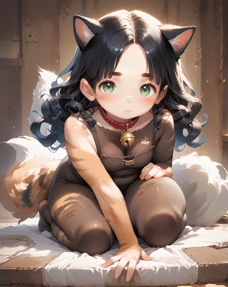 score_9, score_8_up, score_7_up, score_6_up, source_anime, rating_safe, ah1, 1girl, (curly hair), long hair, (black hair), mature female, (parted hair:1.7), (round face), (no_bangs:1.3), (no_fringe:1.6), looking at viewer, (thick eyebrows), (curvy), round-chin, (greenish hazel eyes), caucasian, (downturned eyes), <lora:ETO_OCPonyXL:0.5> eto_oc, plump, thick thighs, wide hips, busty, voluptuous, kinky curls, lips, bad-hands-5, (Hand shading her eyes, gazing forward, with a foot propped up as if scaling a mountain, she embodies the spirit of adventure), ((Puzzled expression)), <lora:venus body PonyXL:0.8>, <lora:xl_more_art-full_v1:0.4>, <lora:shinyskin2:0.3> glistening skin, <lora:aesthetic_anime_v1s:0.4>, <lora:Expressive_H:0.4> Expressiveh, <lora:hairdetailpxl:0.4> hairdetailpxl, <lora:EpicF4nta5yXL:0.4>, <lora:detailxl:0.4> detailxl, <lora:Fant5yP0ny:0.4>, best quality, amazing quality, best aesthetic, absurdres, <lora:expressive eyes:0.4> expressive eyes, (Eye-level angle view Close shot), <lora:eyedetailpxl:0.4> eyedetailpxl, charming cat girl, (cat ears, cat tail), (collar with bell), (solid fluffy fur:1.7), (tabby body stocking made of long fluffy fur:1.6), (in cozy-home),
