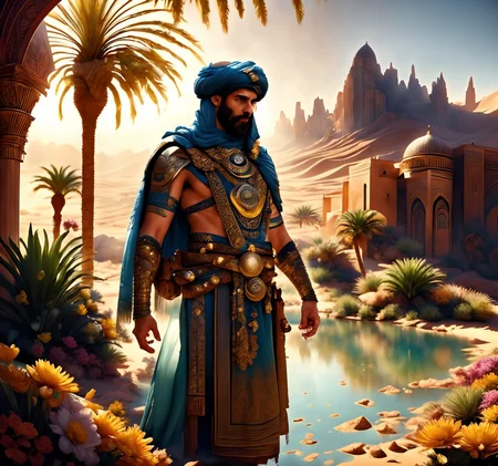 RAW photo, (masterpiece:1.3), subsurface scattering, heavy shadow, (high quality:1.4), (intricate, high detail:1.2), professional photography, HDR, High Dynamic Range, realistic, ultra realistic, photorealistic, high resolution, film photography, ambient lighting, atmospheric effects, <lora:detail_slider_v4:2>, OverallDetail,  arar, a man wearing arabian armor, cape, turban, in an oasis, <lora:Oasis:1>, day, flower, mountain, water, outdoors, palm tree, reflection, rock, scenery, shadow, sky, tree, water, <lora:ArabianArmor:1>