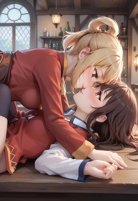 score_9, score_8_up, score_7_up, source_anime,
Detailed face, detailed eyes, very detailed, good quality,
Konosuba, BREAK, 2girls, darkness, large breast, blonde hair, ponytail, green eyes smirk, BREAK, 2girls, Megumin, small breast, brown hair, red eyes, short, small body shortstack, BREAK, couple, lying, kiss, on back, blushing, all four, straddling <lora:Kisssing_with_one_lying_back:1
Tavern, tavern background, on a wooden table,