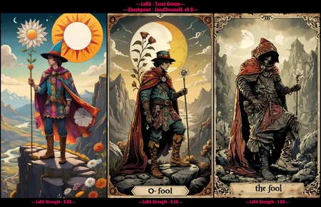 tarot card illustration, grimdark, richly detailed, "0 The Fool" written, a figure standing on a cliff, young man dressed in a colorful costume with hat, boots, and a cape adorned with various patterns and symbols, holding a staff in the right hand, and a white flower in the left hand, mountainous background, the sun shines brightly, warm glow, characterized by its intricate details and rich symbolism <lora:art_style\xl_Tarot_Grimm>