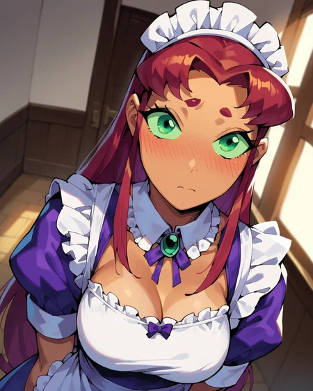 score_9, score_8_up, score_7_up, 1girl, solo, starfire, tan skin, maid outfit, blush, dynamic view, dynamic angle, indoors, <lora:Starfire_PonyXL:0.8>