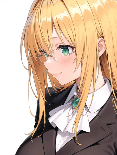 masterpiece,best quality,newest,
1girl,solo,
<lora:Tearju_ilxl_v1.1:1>,Tearju,blonde hair,green eyes,t_glasses,rimless glasses,t_clothes,white collared shirt,black jacket,
<lora:Fixhands_anime_bdsqlsz_V1:1>,light_blush,looking_at_viewer,white_background,simple_background,smile,face_focus,standing,upper_body,profile,
