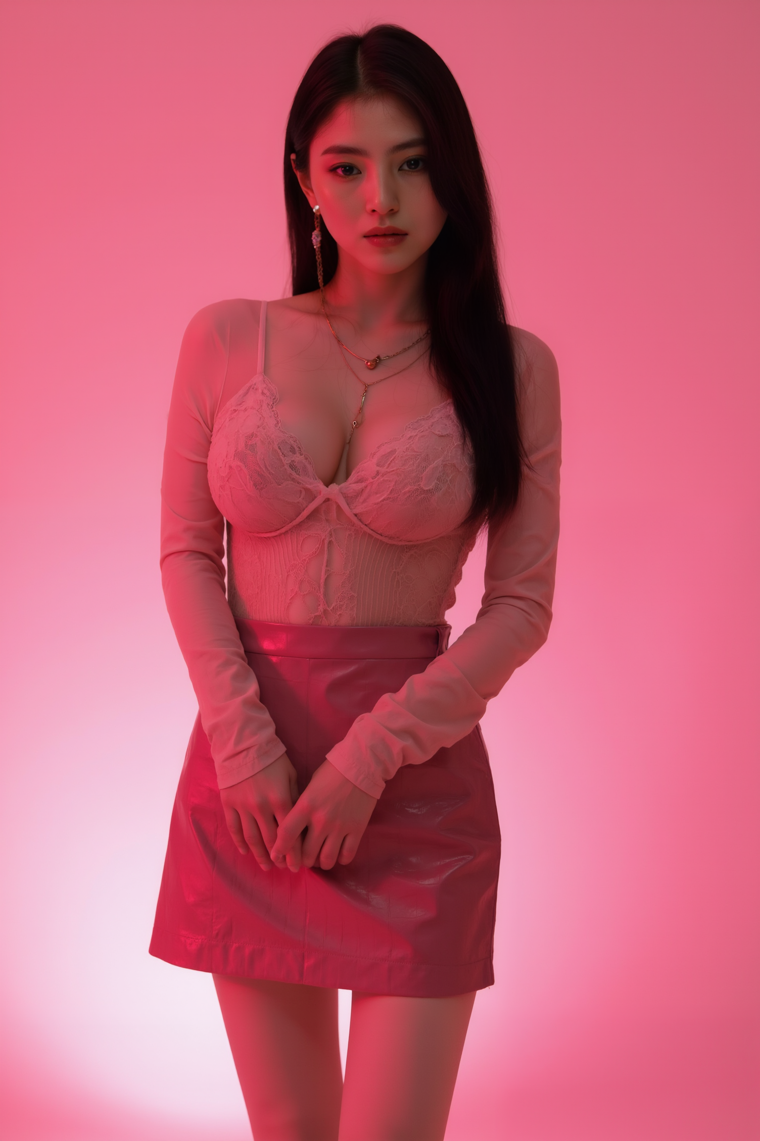 This is a high-resolution professional full body photograph featuring a young woman is posed in a standing contrapposto stance, with subtle weight shifted to one leg to create a natural S-curve in the body silhouette. This classic posing technique creates visual interest and a sense of elegance.

She is wearing SGWN11Clothing, sheer long-sleeve lace top, shiny leather skirt.

The lighting features a high-contrast, monochromatic white color scheme that creates a moody, intimate atmosphere. 

The photography technique uses what appears to be soft lighting to create a glamorous effect, with careful attention to highlighting contours while maintaining the dominant pink color scheme throughout the frame.

The overall aesthetic combines elements of fashion photography, traditional Asian visual motifs, and contemporary boudoir styling. The dramatic pink lighting creates a cohesive visual theme that ties all elements of the composition together.

The white light emit on her to show her feature.