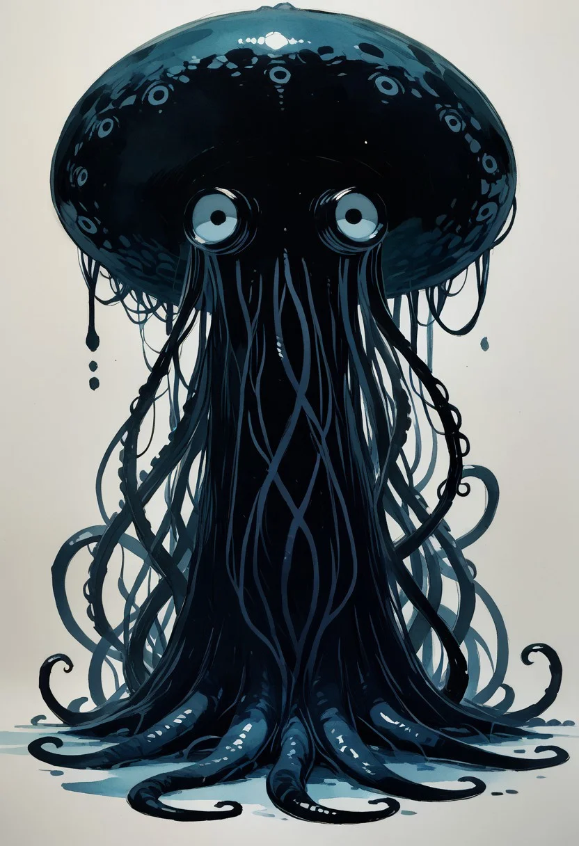 score_9, score_8_up, Eldritch horror octopus looking at camera, Expressiveh, novuschroma43 style, Watercolor painting