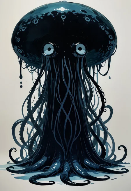score_9, score_8_up, Eldritch horror octopus looking at camera, Expressiveh, novuschroma43 style, Watercolor painting