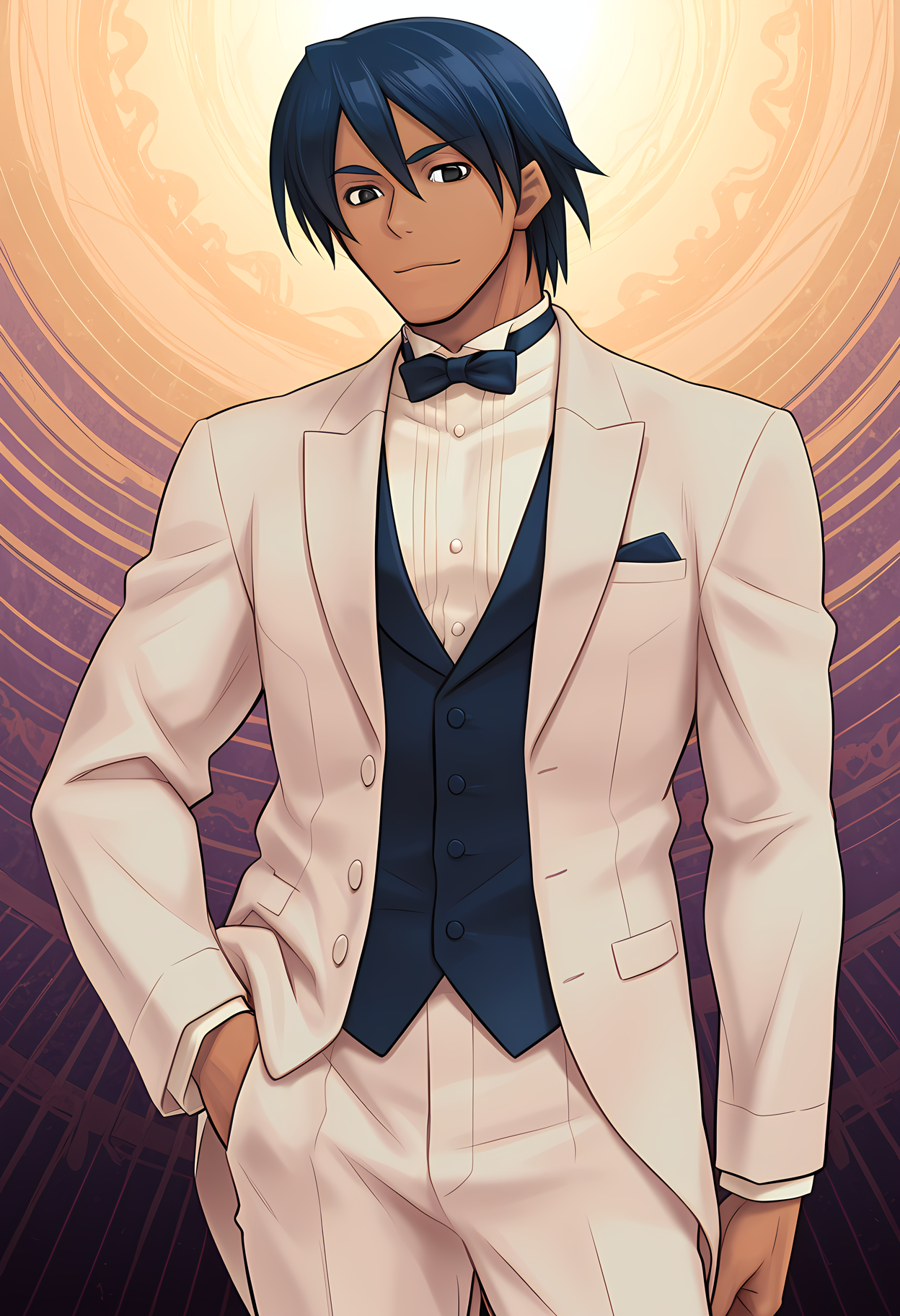 masterpiece, best quality, amazing quality, abstract background, BREAK
solo, male focus, 1boy, rotd_pepe, blue hair, black eyes, dark skin, tuxedo, formal, bow tie, BREAK
 <lora:cfg_scale_boost:.6>  <lora:Pepe_Rodriguez_-_Rage_of_the_Dragons_-_ILXL:1>