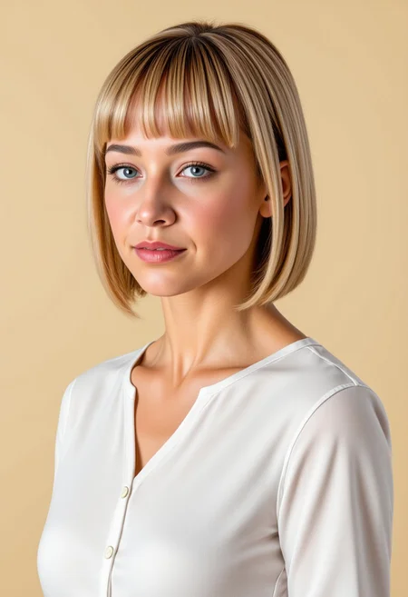 She is approximately 18 years old. Hyperrealism, she is looking at the camera, (dynamic angles), profile headshots of a beautiful, stunning unique female character. she has blonde hair. her eyes are filled with joy and excitement, extravagant eyelashes, a photo of Stephani3_LT, a woman wearing a white frilly shirt. The woman is posing confidently. simple cream colored background. She has a slight smile on her face and is looking directly at the camera. making this image a masterpiece of photography and digital art. realistic. making this image a masterpiece of photography and digital art. Style: realistic hyper-detailed rendering, 32k UHD, expressive eyes, punk, graphic design, girl's face, pretty and cute, gleaming lips, telling a tale of adventure. Exuding confidence and serenity. The overall mood of the image is happy and relaxed,detailed skin texture,(blush:0.2),(goosebumps:0.3),subsurface scattering,whimsical,Detailed hand, Perfect hand. Perfection style.