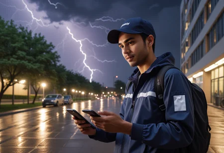 (medium full shot) of (medium shot ) of delivery person chatting on a smartphone, detailed face, located in an urban scene at a modern university campus during twilight with thunderstorm weather, illuminated by city glow, creating a hectic atmosphere, Masterpiece,best quality, photo, realistic, very aesthetic,