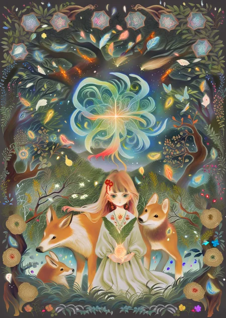 by sannso by yogisya, flat color
1girl piercing eyes,
healing animals in forest. glowing particles, celtic knot, mythical
beautiful, aesthetic, detailed, beautiful color amazing quality, best quality, high quality
