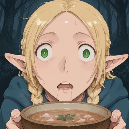 <lora:iwaoCIVITAI:1>, iwao178, marcille donato \(dungeon meshi\), (eye glimmers:1.5), (holding wooden bowl of soup:1.5), (mouth focus:1.5), (drinking soup:1.5), (mouth pov:1.5), (mouth close up:1.5), (detailed background:1.5), (aesthetic background:1.5), (masterpiece), (best quality), (ultra-detailed), amazing quality, very aesthetic, illustration, perfect composition, intricate details, shiny skin, realistic, (uncensored), MarcilleWalleyed, (Derpface:1.5), open mouth, (Wall eyed:1.5), LONG HAIR, BLONDE HAIR, GREEN EYES, BRAID, POINTY EARS, TWIN BRAIDS, ELF, BRIGHT PUPILS, PARTED BANGS, (dark forest:1.5), (drooling:1.5), 2nostrils