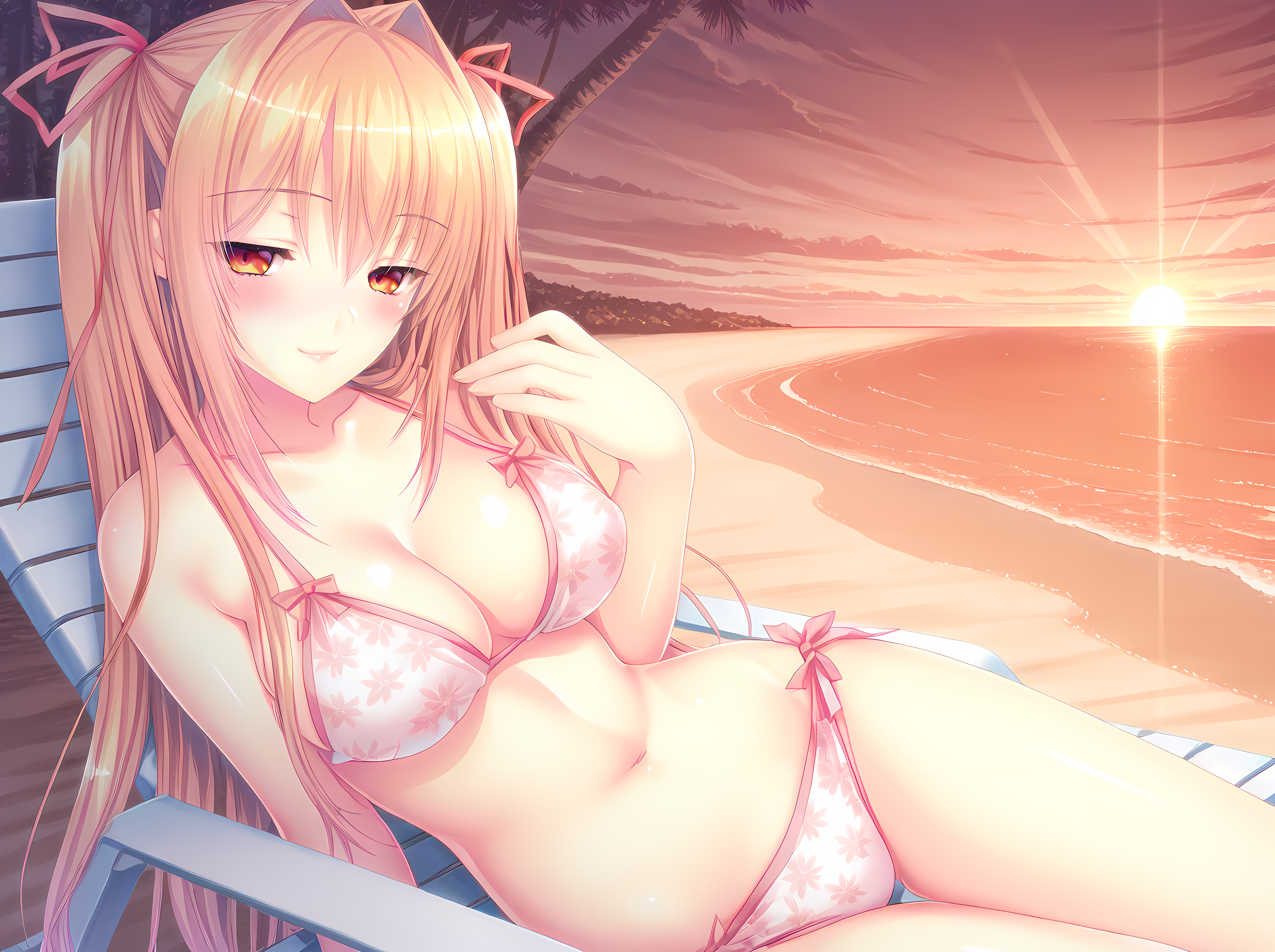 1girl,touko,kinmedai pink,collarbone,large breasts,cowboy shot,solo,sitting,lounging,beach chair,beach,outdoors,detailed background,sunset,dappled sunlight,light rays,cloudy sky,bikini,lips,seductive smile,blush,<lora:Touko_GFQ>,, masterpiece,best quality,amazing quality,