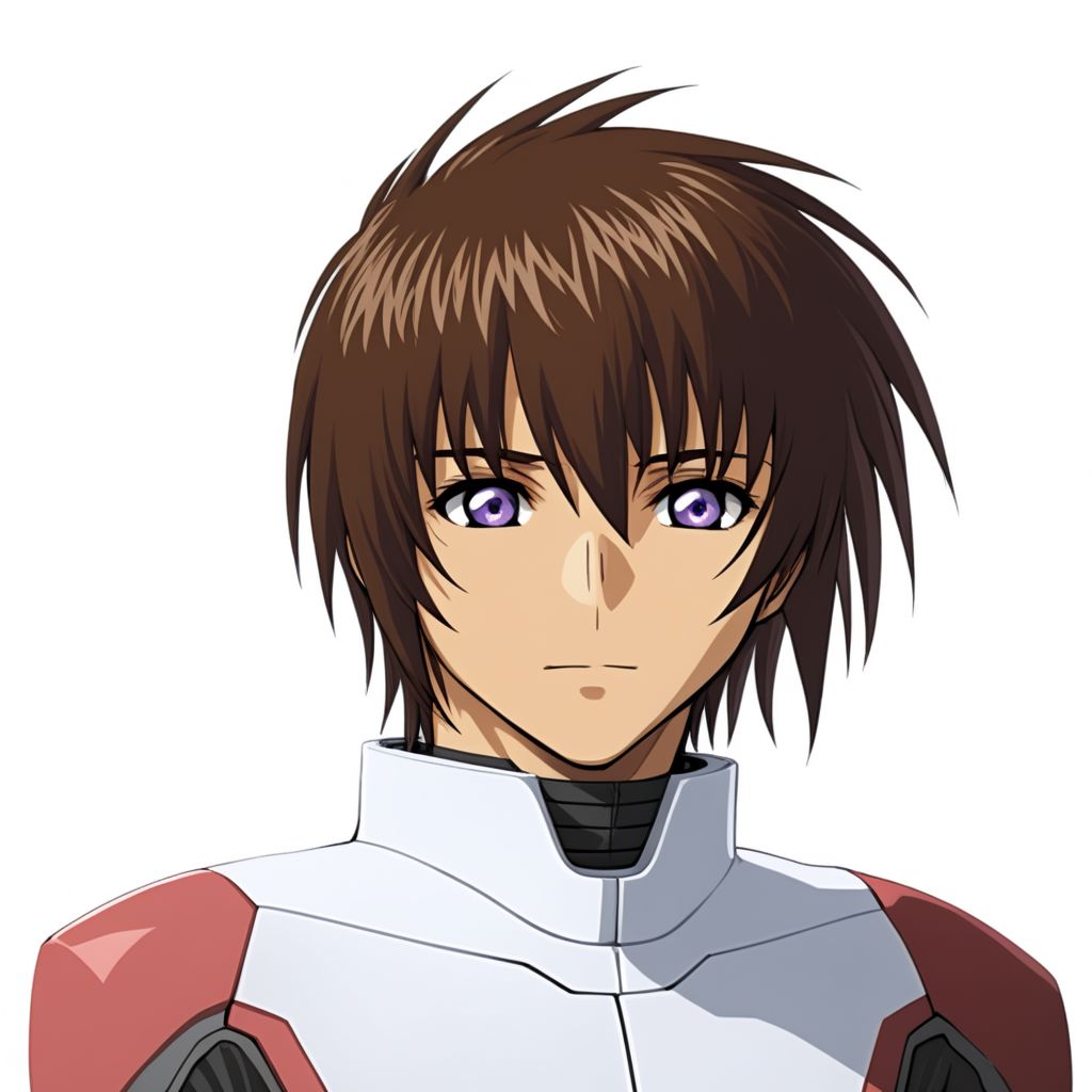 ASCIImasterpiece, best quality, kira_yamato, 1man, hair parted to the left, headshot, ORB_pilot_suit, detailed symmetric reflective light purple eye, (light brown skin tone: 1.1), in front of a (plain white background: 1.2), 4k, 8k, intricate detail, soft lighting,