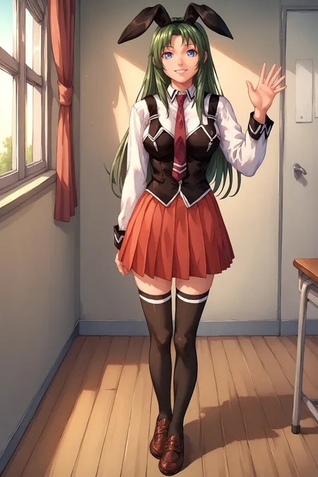 score_9, score_8_up, score_7_up, score_6_up, BREAK, MikaItoBBXL, blue eyes, green hair, long hair, parted bangs, black rabbit ears, medium breasts, school uniform, black vest, strap, white shirt, red necktie, red skirt, black thighhighs, brown shoes, solo, full body, standing, waving, seductive smile, looking at viewer, indoors <lora:MikaItoBBXL:1>
